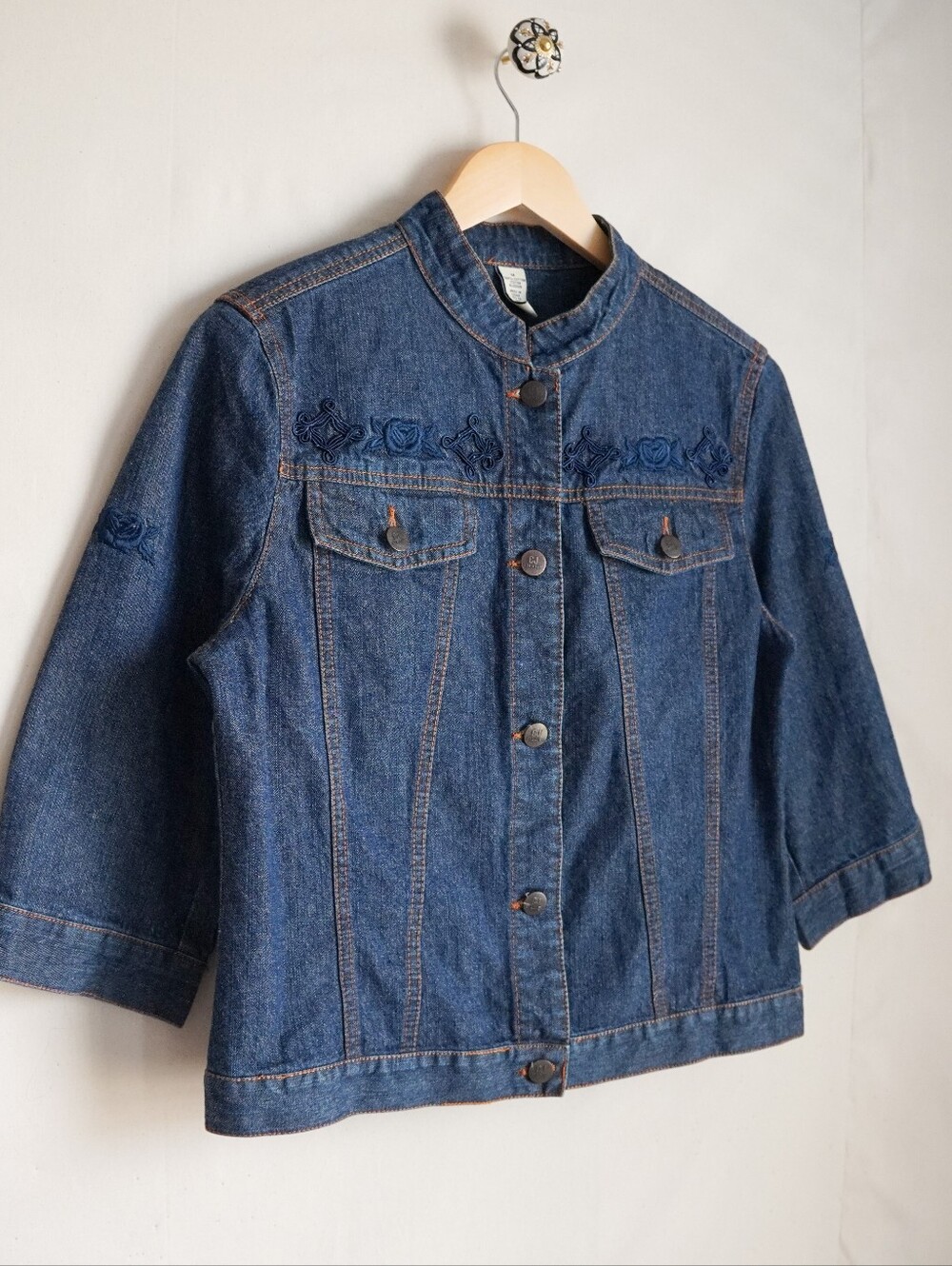 CJ Blue Denim Jacket Women's M Embroidered Rose 3/4 Sleeve Mandarin Collar